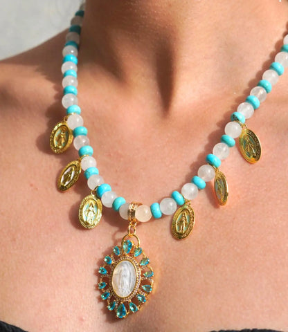 Catholic Moonstone and Turquoise Necklace with Virgin Mary Medals PHOEBE'S 