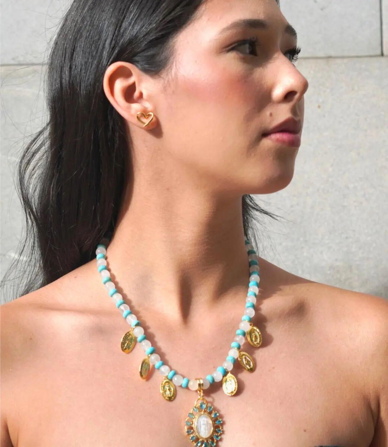 Catholic Moonstone and Turquoise Necklace with Virgin Mary Medals PHOEBE'S 