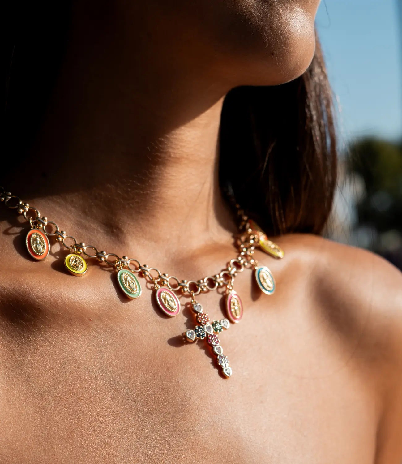 Catholic Necklace with Multicolor Virgin Mary Medals and Cross Phoebe`s  