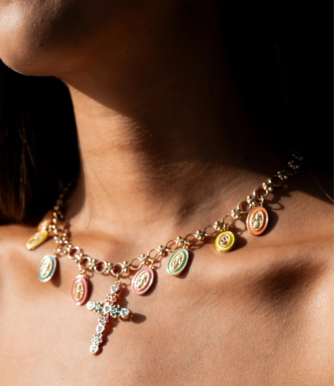 Catholic Necklace with Multicolor Virgin Mary Medals and Cross Phoebe`s  