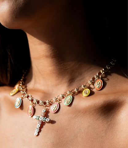 Catholic Necklace with Multicolor Virgin Mary Medals and Cross Phoebe`s  