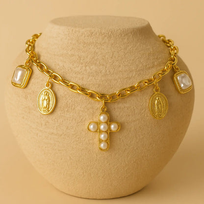 Catholic Necklace with Pearl Cross and Medals – 18k Gold Plated PHOEBE`S 