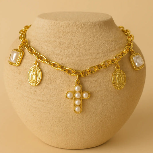 Catholic Necklace with Pearl Cross and Medals – 18k Gold Plated PHOEBE`S 