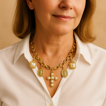Catholic Necklace with Pearl Cross and Medals – 18k Gold Plated PHOEBE`S 