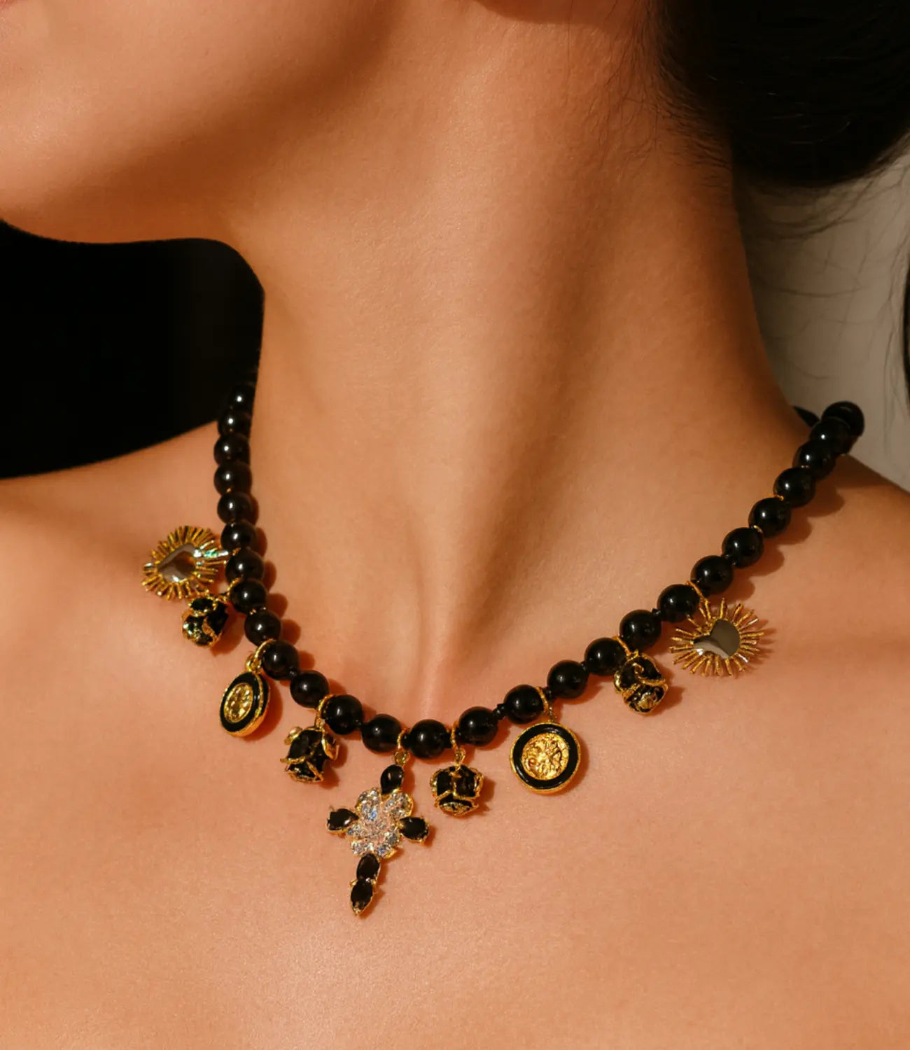 Catholic Onyx Necklace with a Cross, Virgin Mary Medals, and Votive Charms PHOEBE'S 