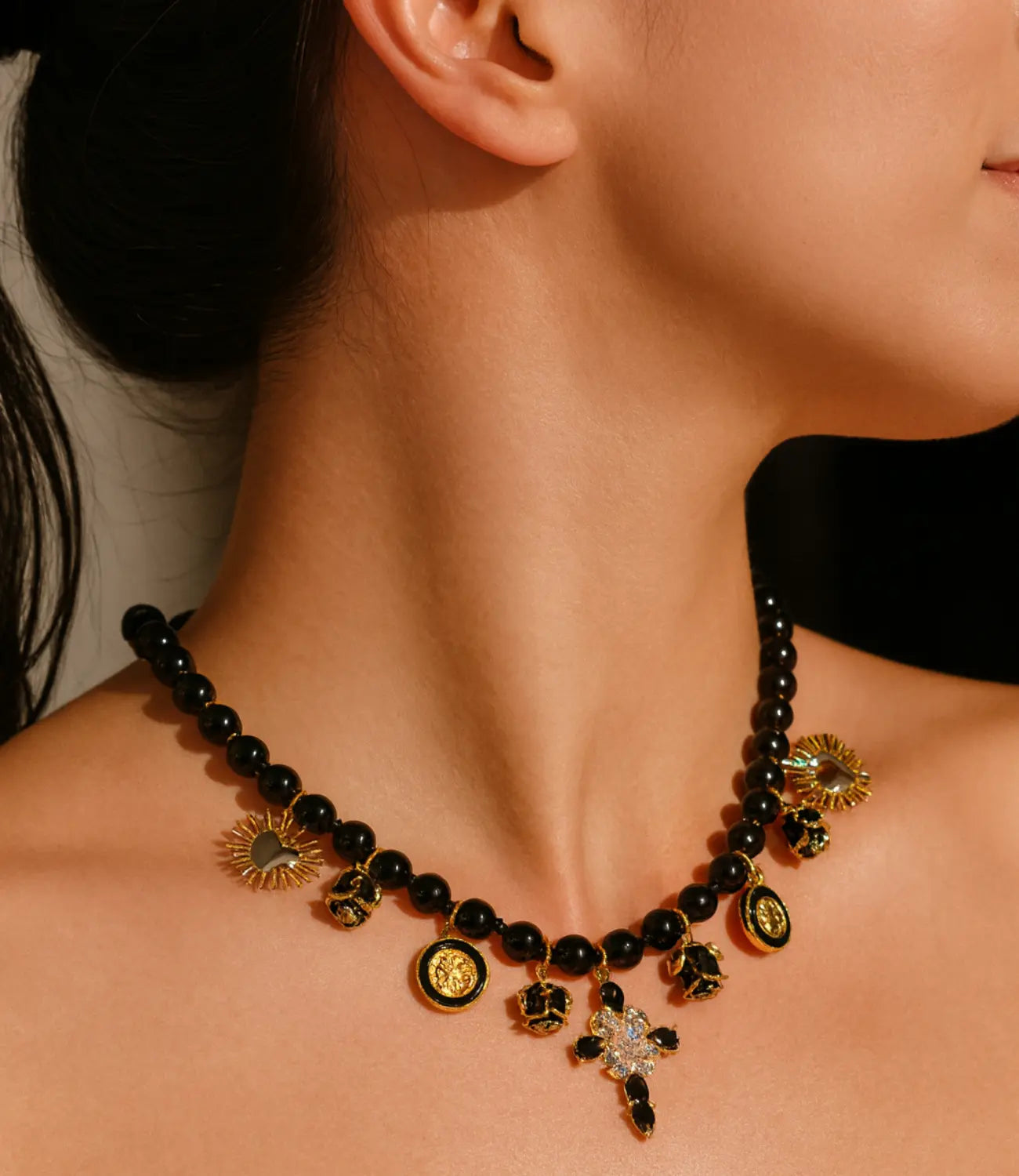 Catholic Onyx Necklace with a Cross, Virgin Mary Medals, and Votive Charms PHOEBE'S 