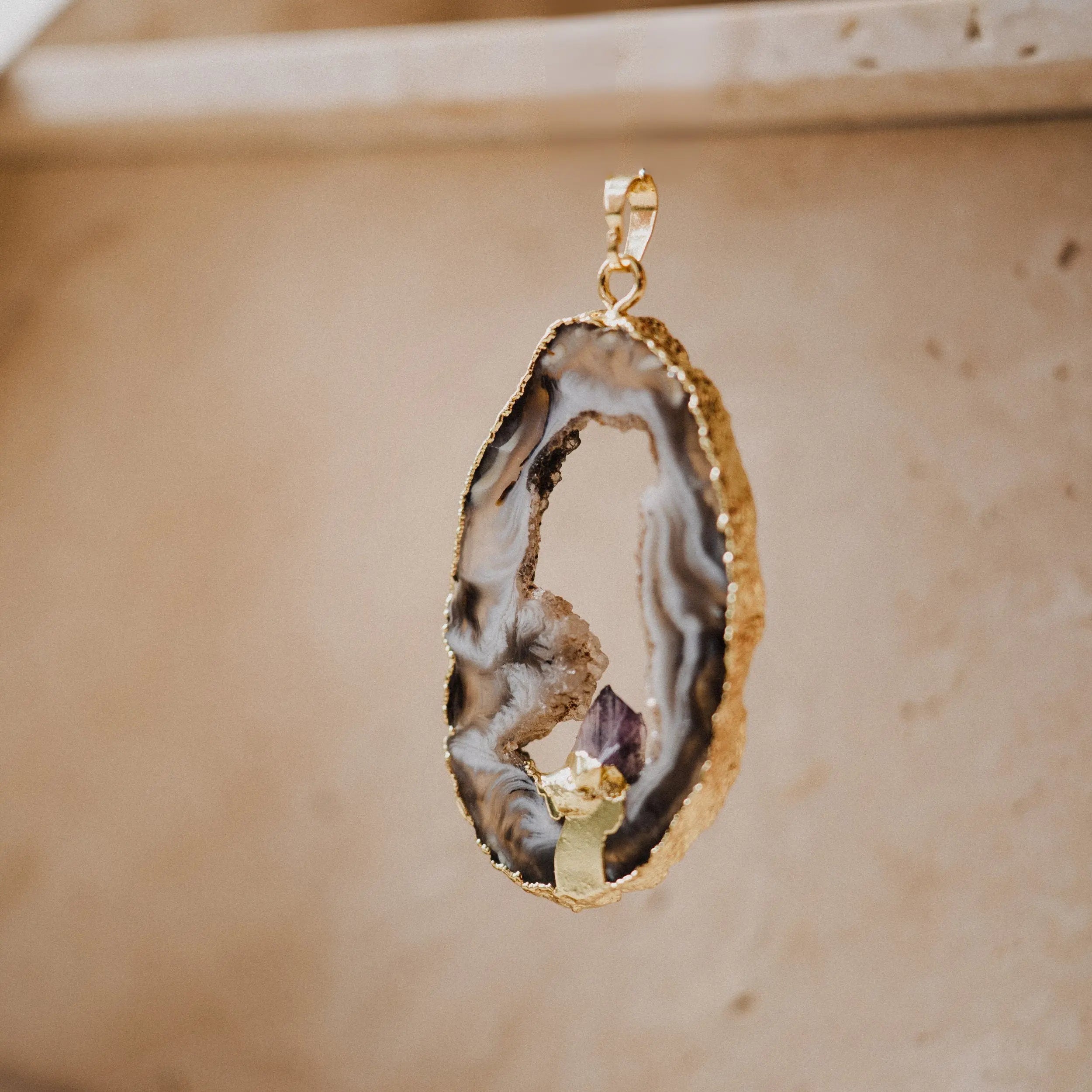 Gold Necklace, Agate Slice Pendant, Gift for Her