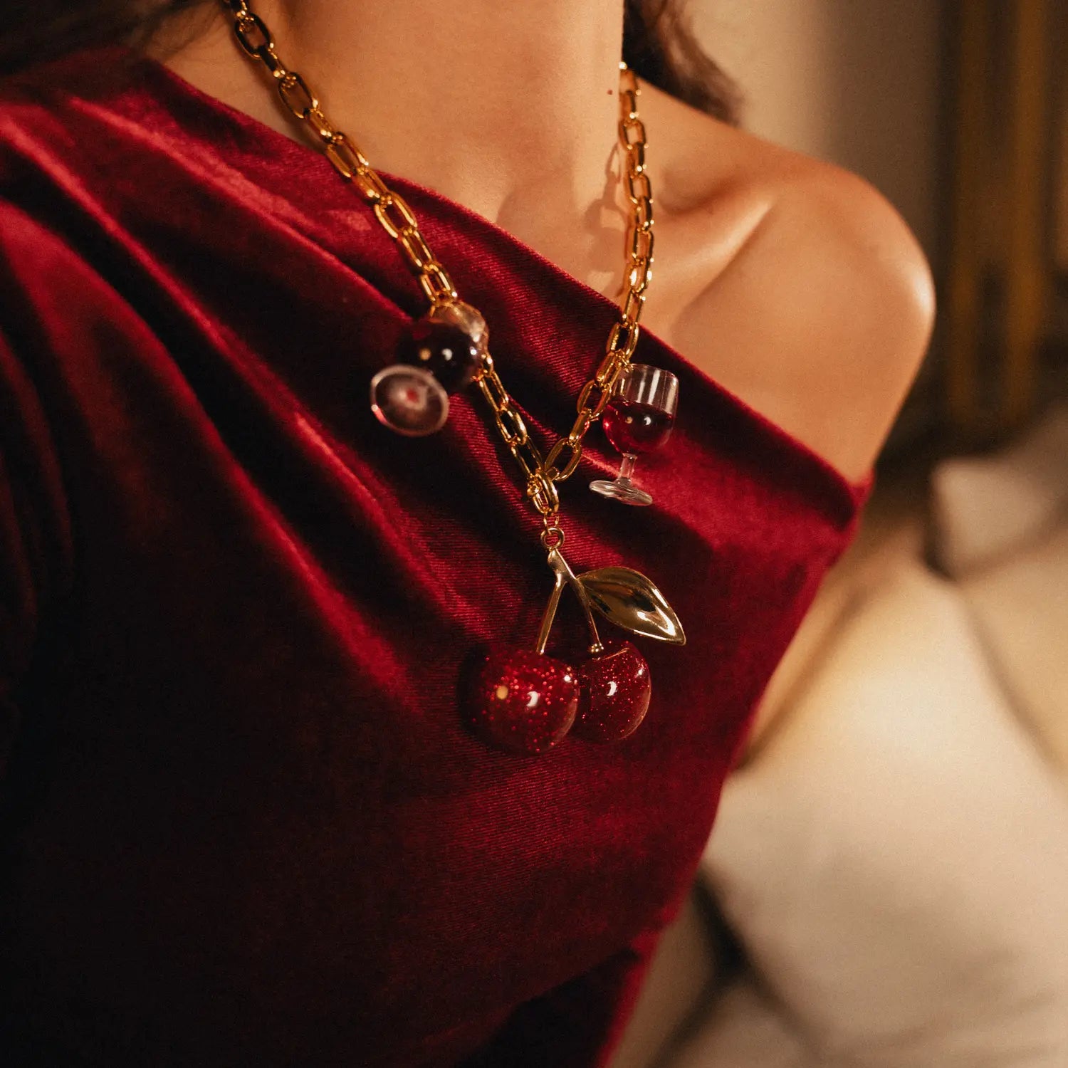 Cherry Glam Necklace, Maximalist Gold Jewelry PHOEBE'S 