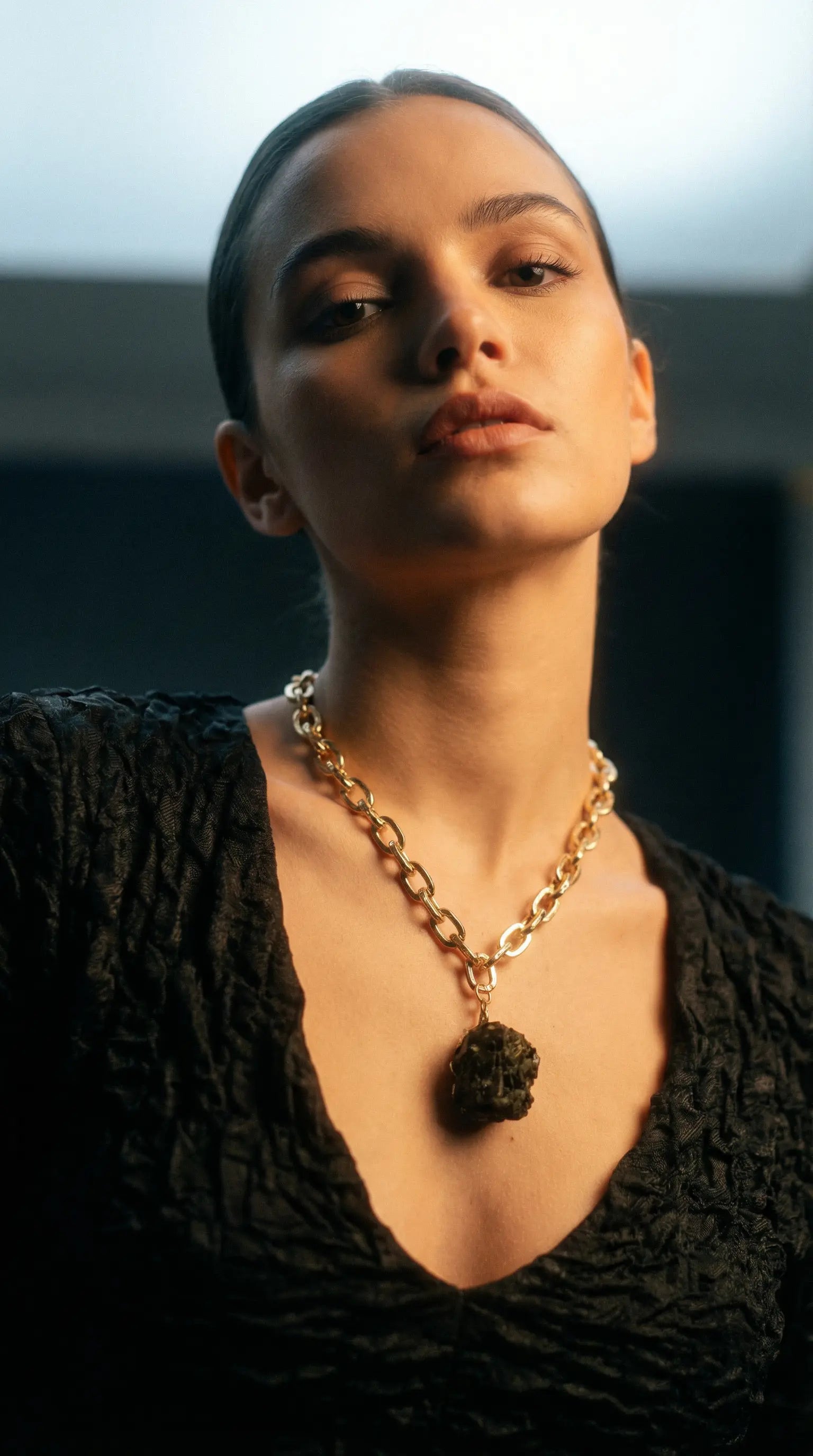 Chunky Gold Chain Necklace with Tourmaline Pendant PHOEBE'S 