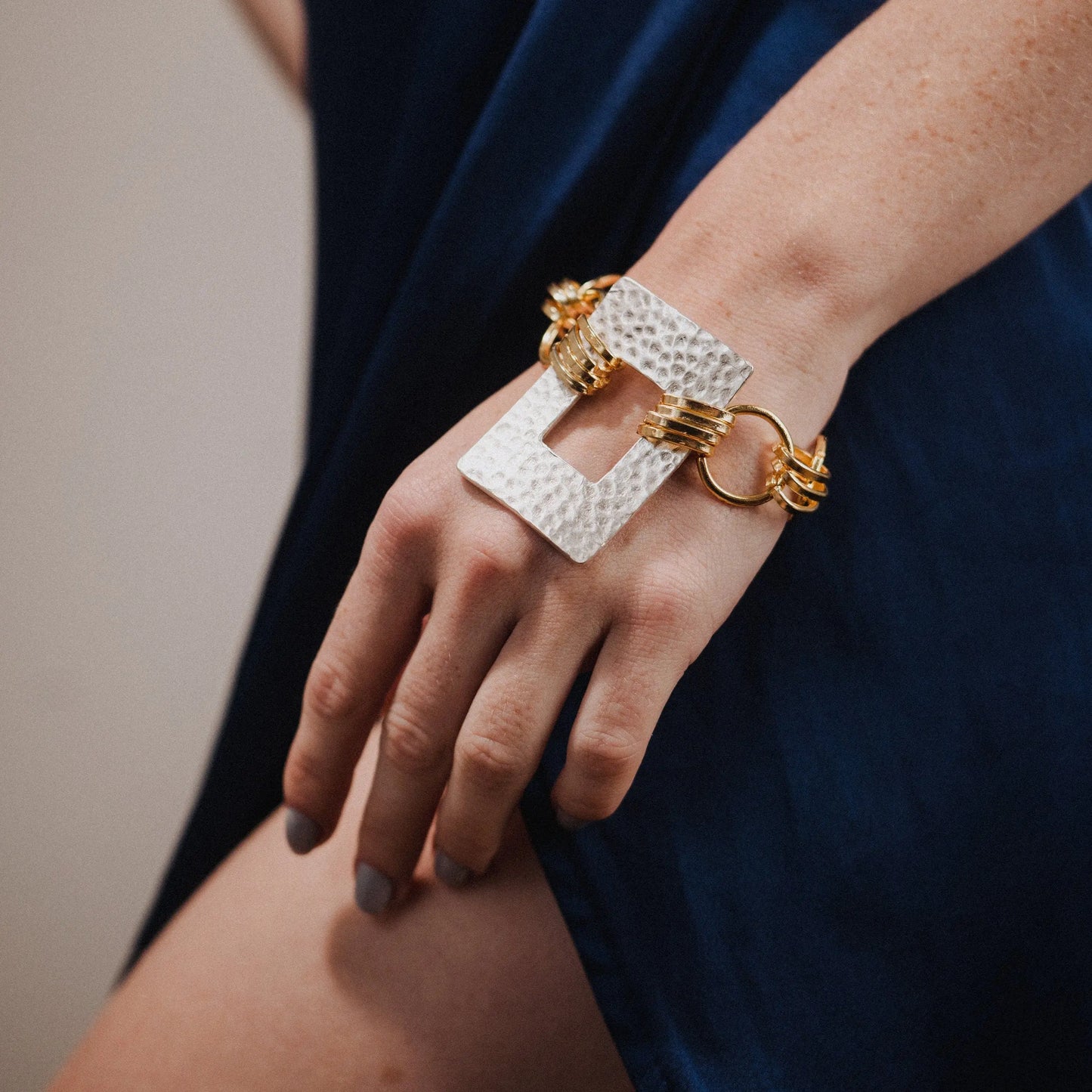 Chunky Statement Bracelet, Gold Link Chain, Geometric Charm, Gift for Her