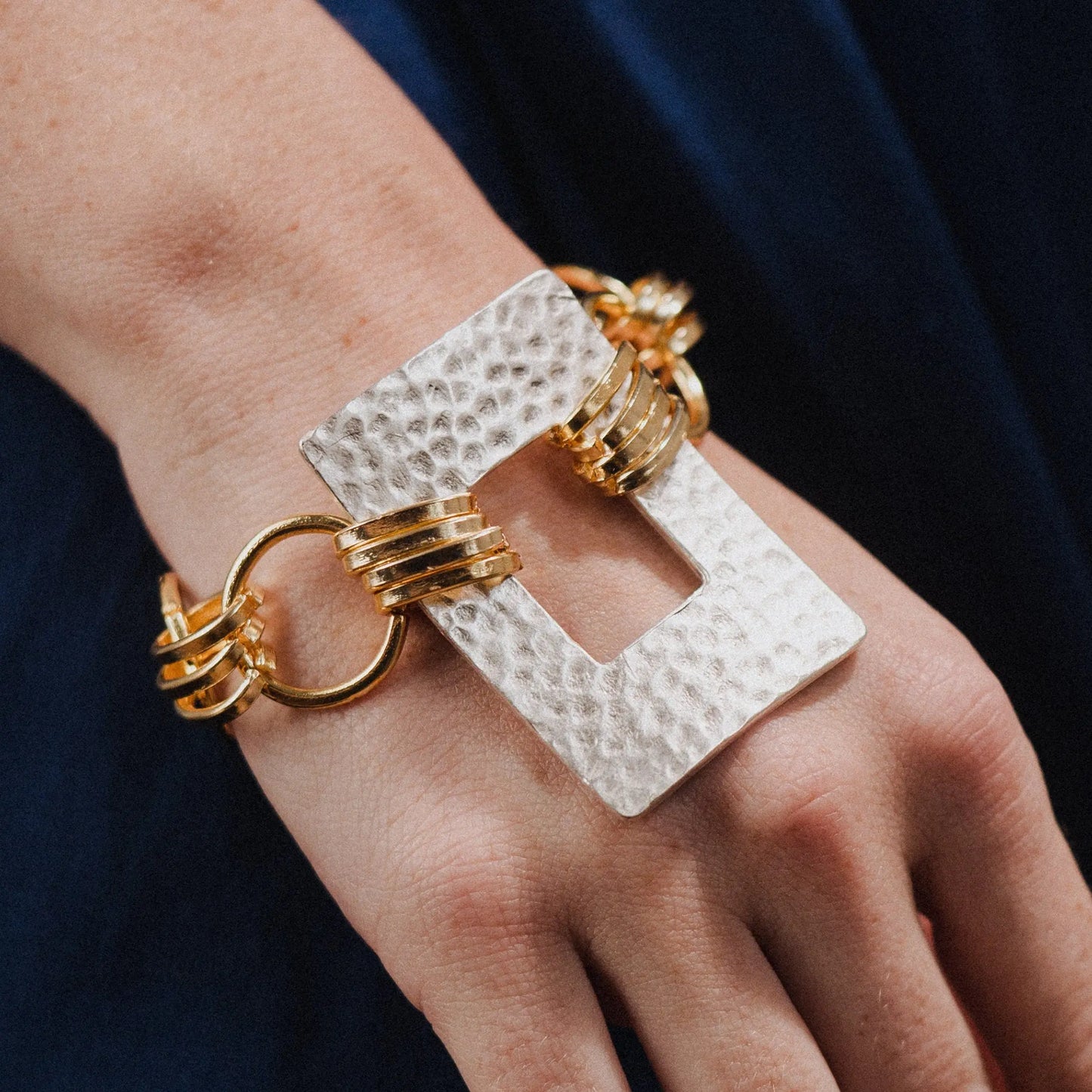 Chunky Statement Bracelet, Gold Link Chain, Geometric Charm, Gift for Her