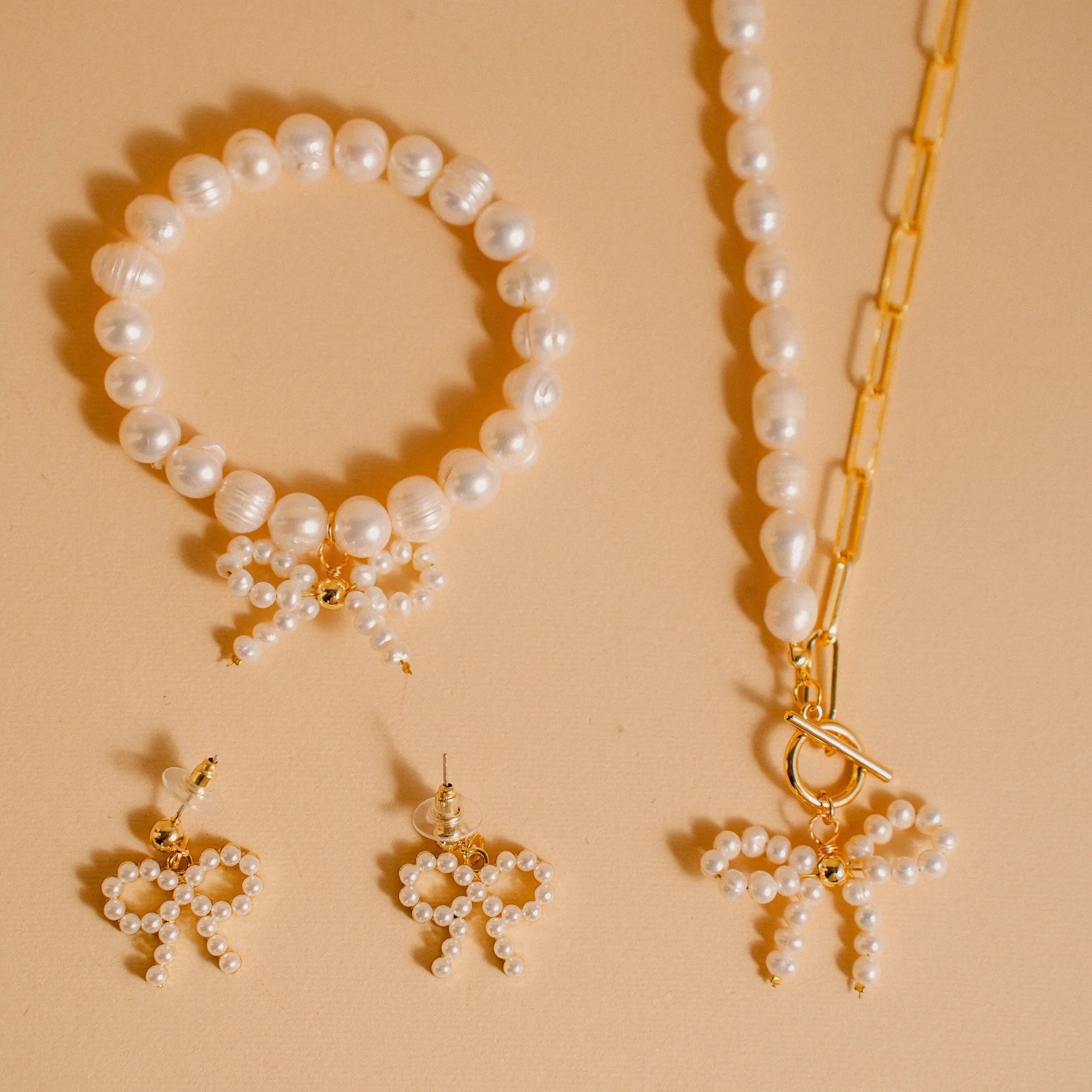 Coquette Set Jewelry, Pearl Bow Necklace, Aesthetic Gift