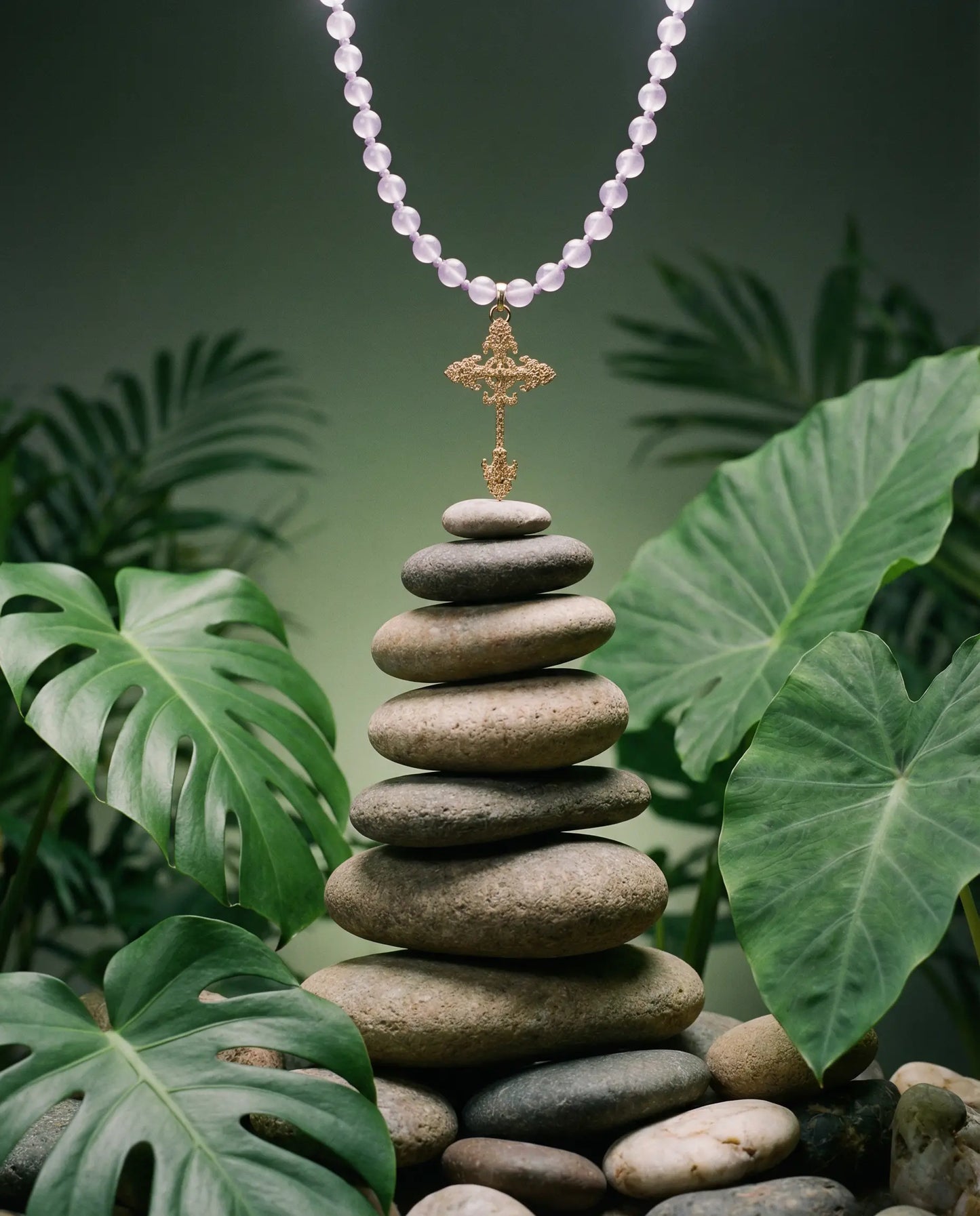 Coral Rosary Necklace with Baroque Cross PHOEBE'S 