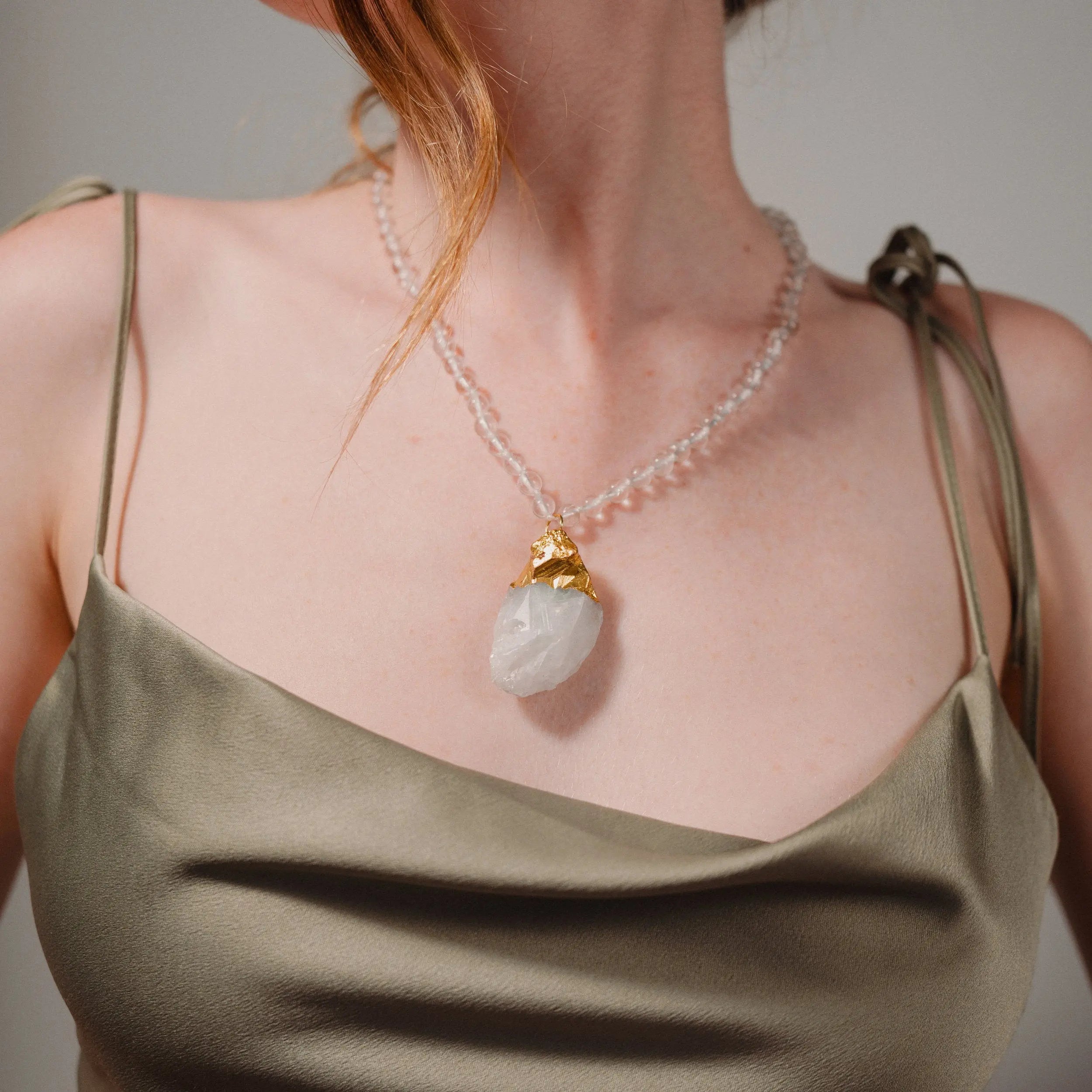 Crystal Bead Necklace, White Quartz Pendant, Birthstone Gift