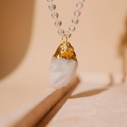 Crystal Bead Necklace, White Quartz Pendant, Birthstone Gift