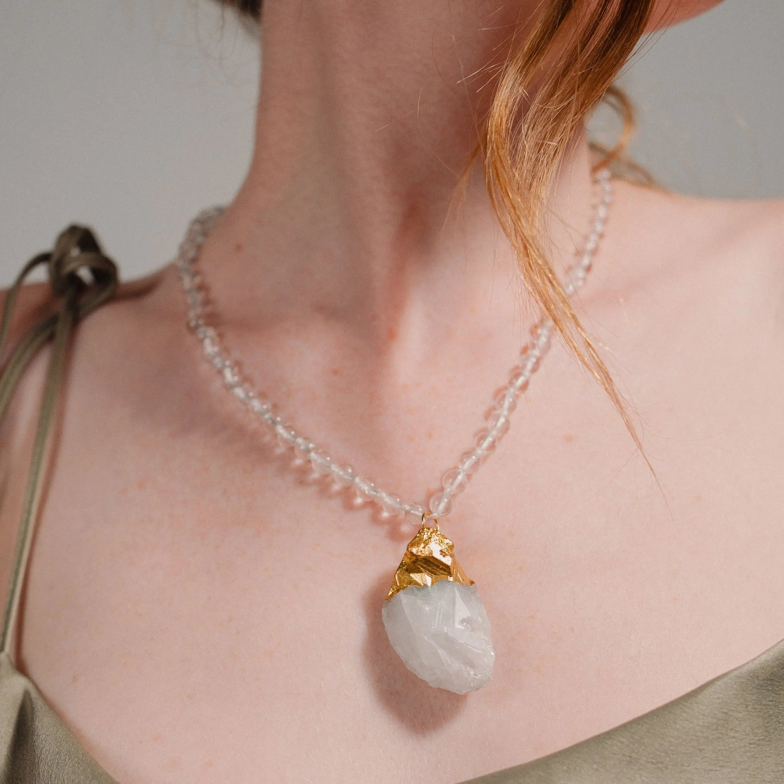 Crystal Bead Necklace, White Quartz Pendant, Birthstone Gift