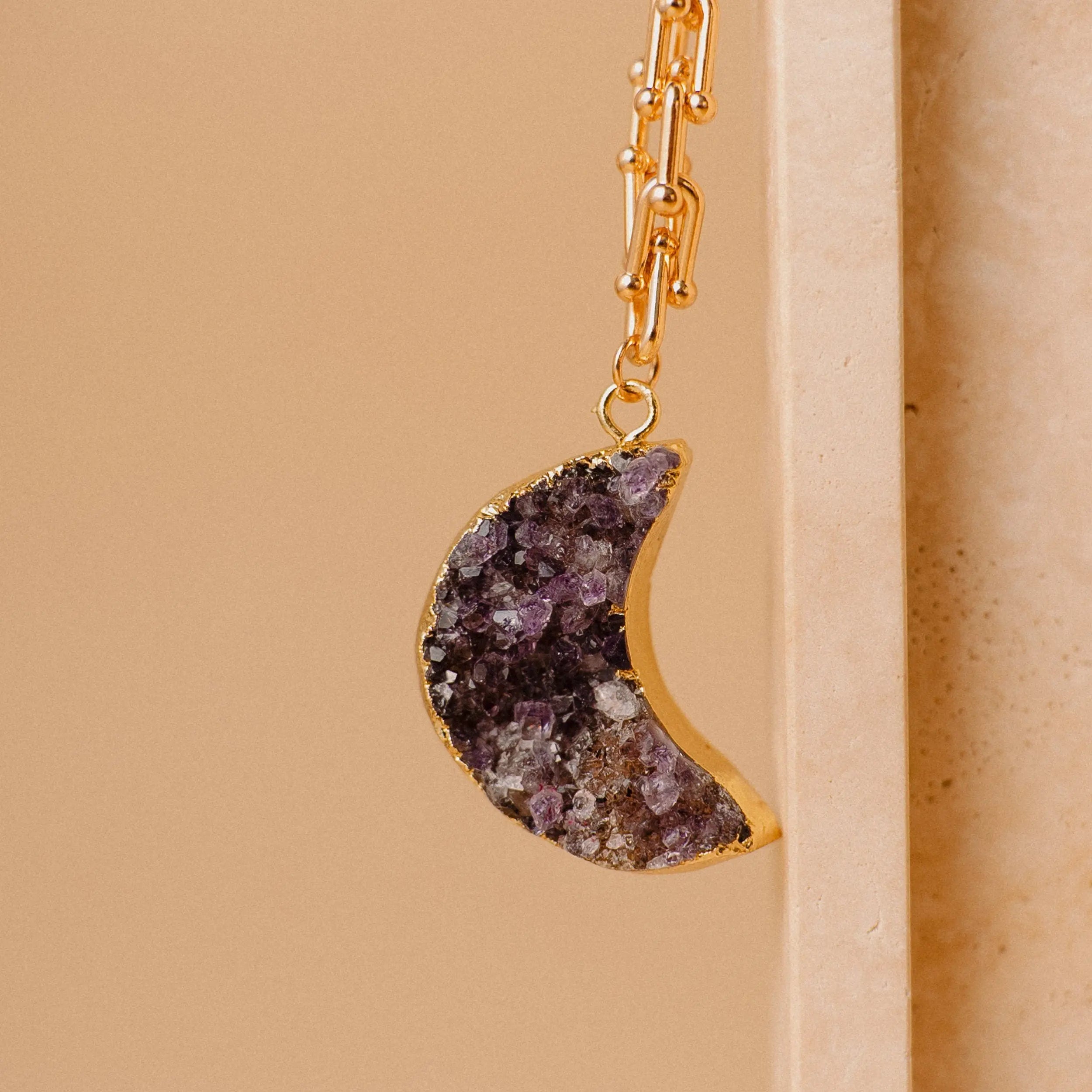 Crescent Moon Necklace, Amethyst Pendant, Celestial Jewelry