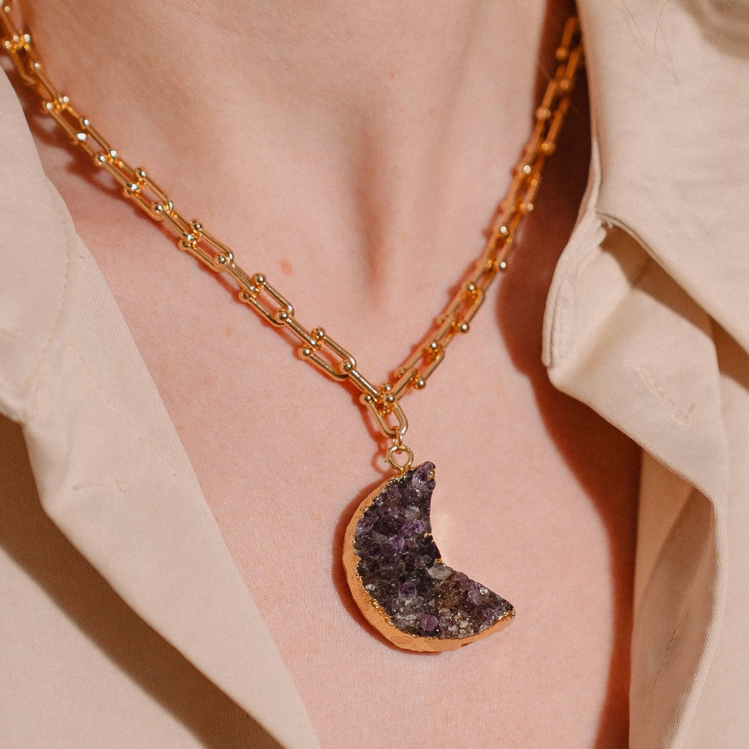 Crescent Moon Necklace, Amethyst Pendant, Celestial Jewelry