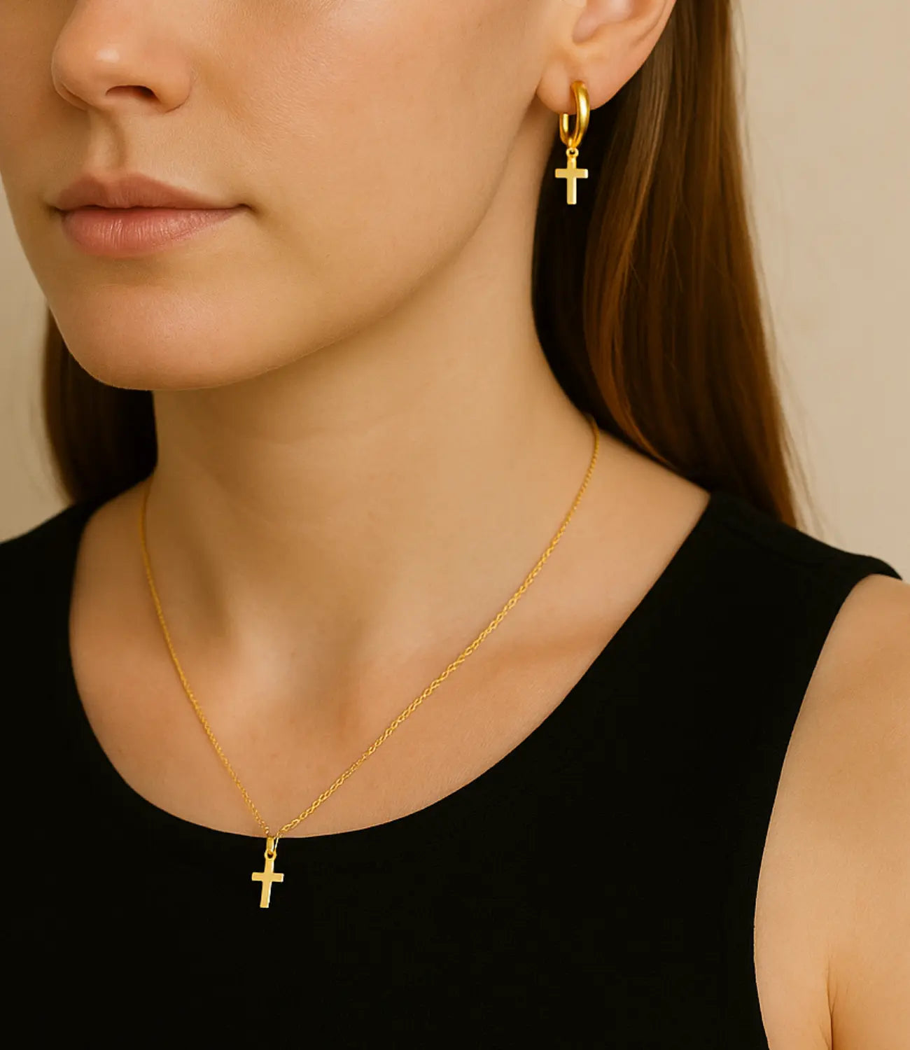 Cross Necklace and Hook Earrings Catholic Set – 18K Gold Plated PHOEBE'S 