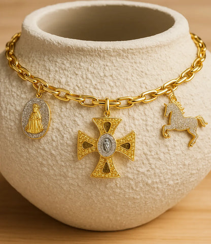 Cross Necklace with Religious Charms and Horse – 18K Gold Plated PHOEBE'S 