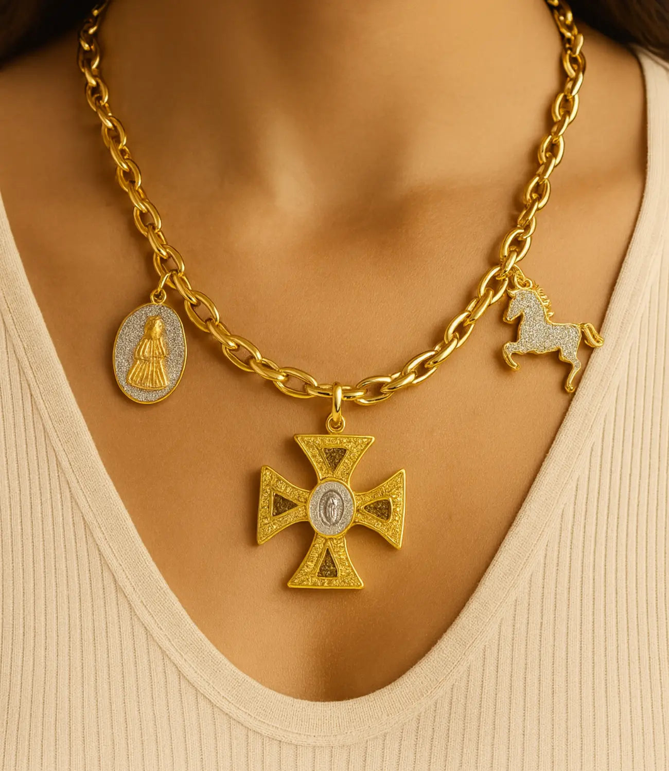 Cross Necklace with Religious Charms and Horse – 18K Gold Plated PHOEBE'S 