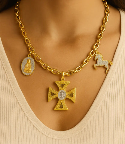 Cross Necklace with Religious Charms and Horse – 18K Gold Plated PHOEBE'S 