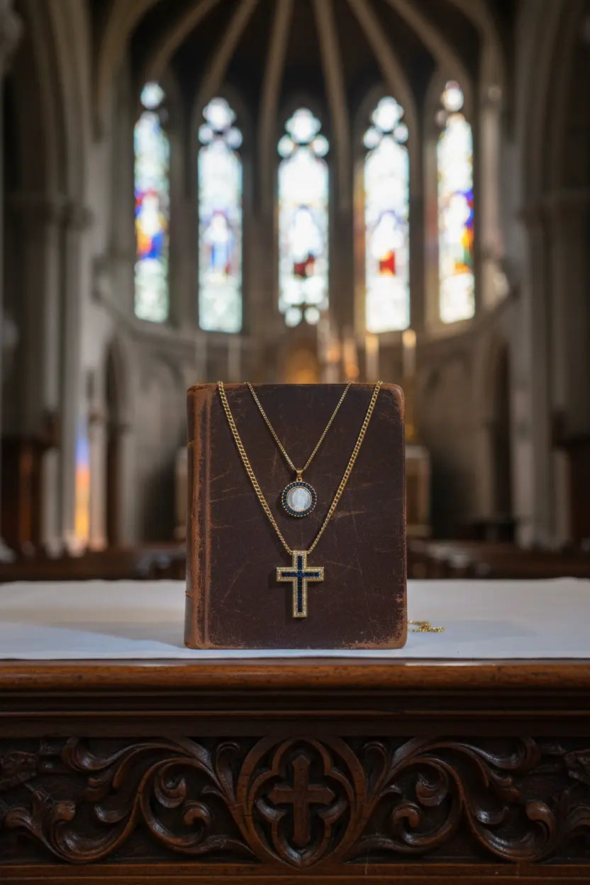 Cross & Medal Set – Double Catholic Necklace with Blue Accents PHOEBE'S 