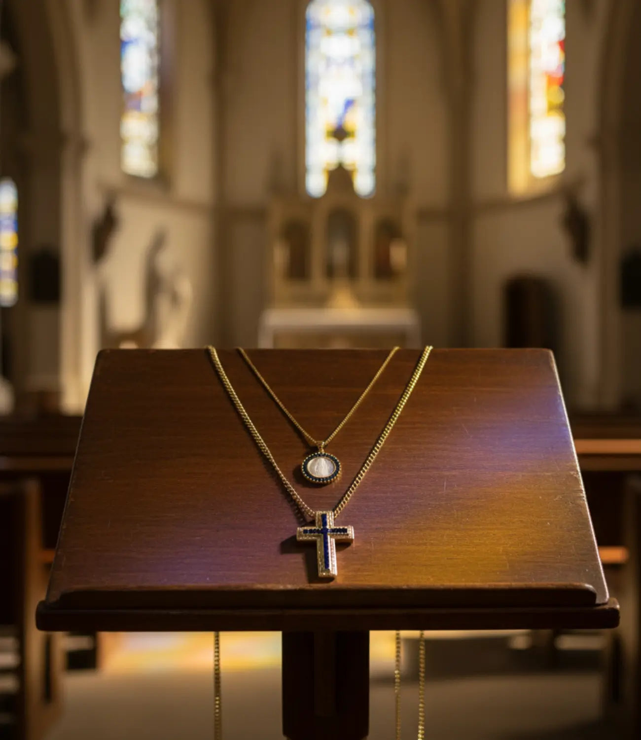 Cross &amp; Medal Set – Double Catholic Necklace with Blue Accents PHOEBE'S 
