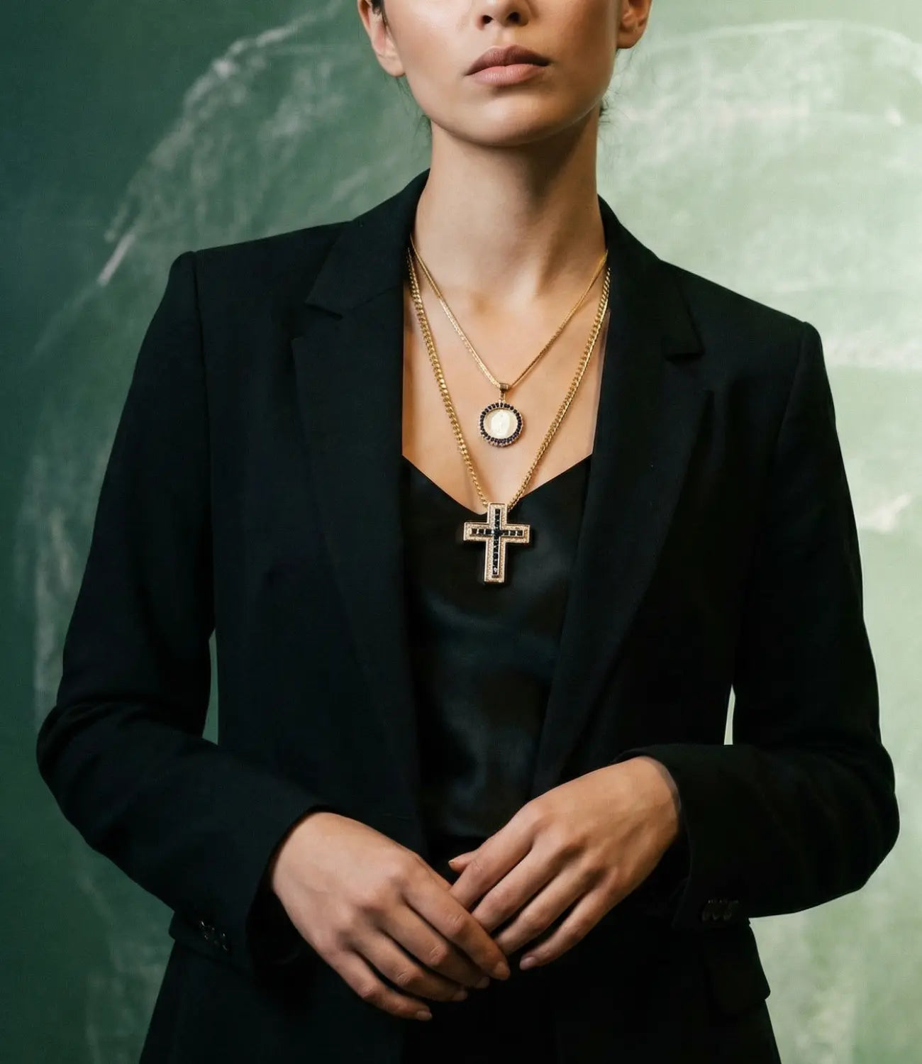 Cross &amp; Medal Set – Double Catholic Necklace with Blue Accents PHOEBE'S 