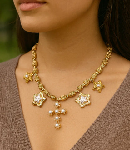 Cross and Star Necklace with Pearls – 18K Gold Plated PHOEBE'S 
