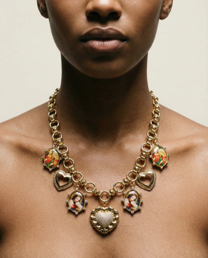 Devoted Heart Necklace with Religious Medals and Gold Charms PHOEBE'S 