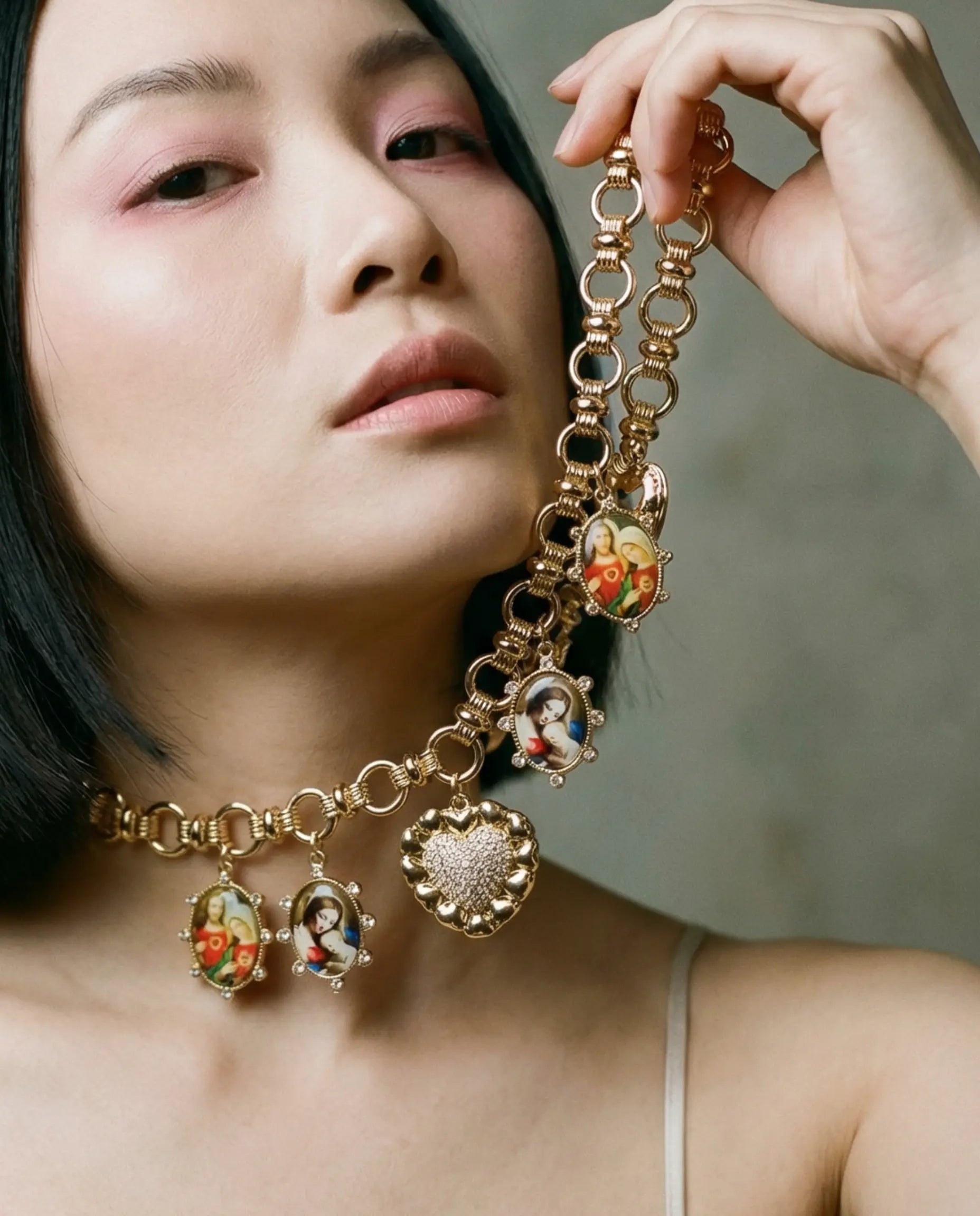 Devoted Heart Necklace with Religious Medals and Gold Charms PHOEBE'S 