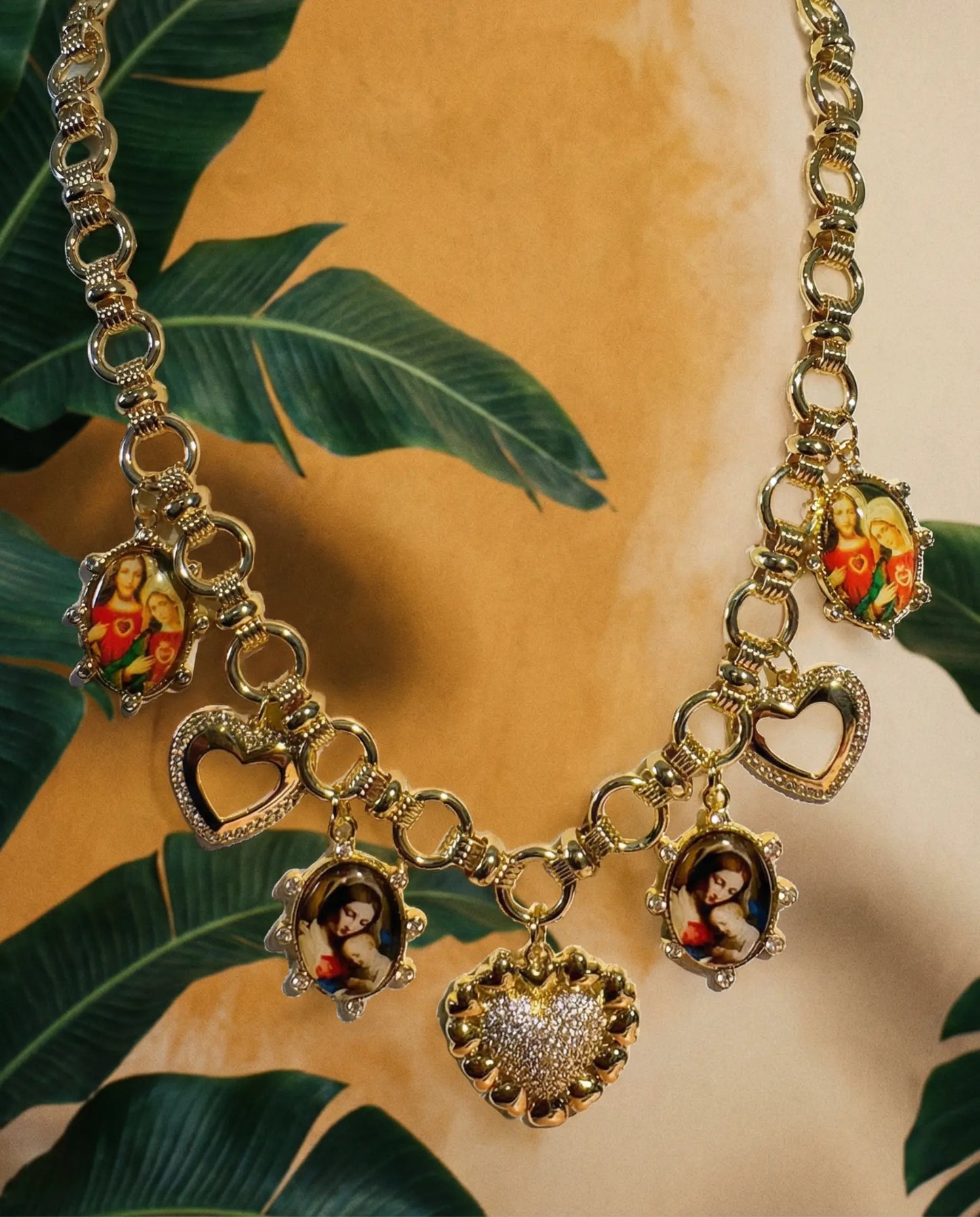 Devoted Heart Necklace with Religious Medals and Gold Charms PHOEBE'S 