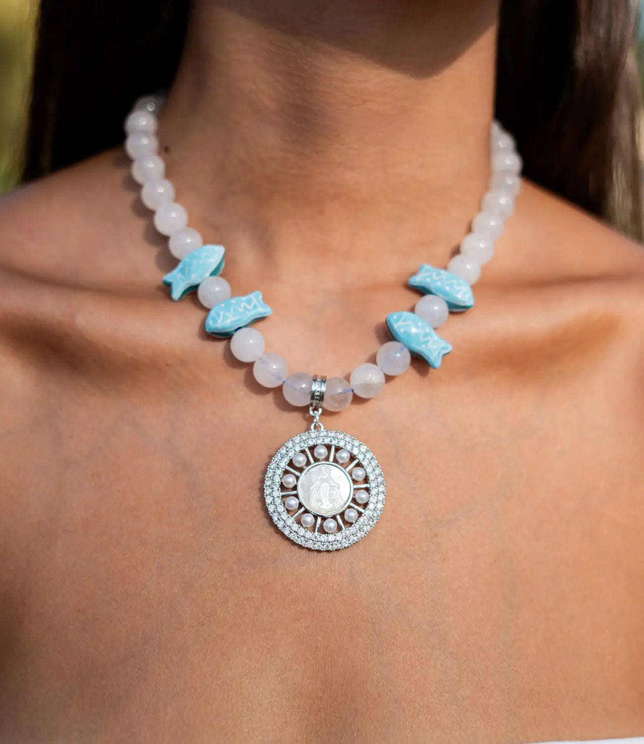 Devotional Necklace with Quartz, Fish, and Sacred Medal of the Virgin PHOEBE'S 