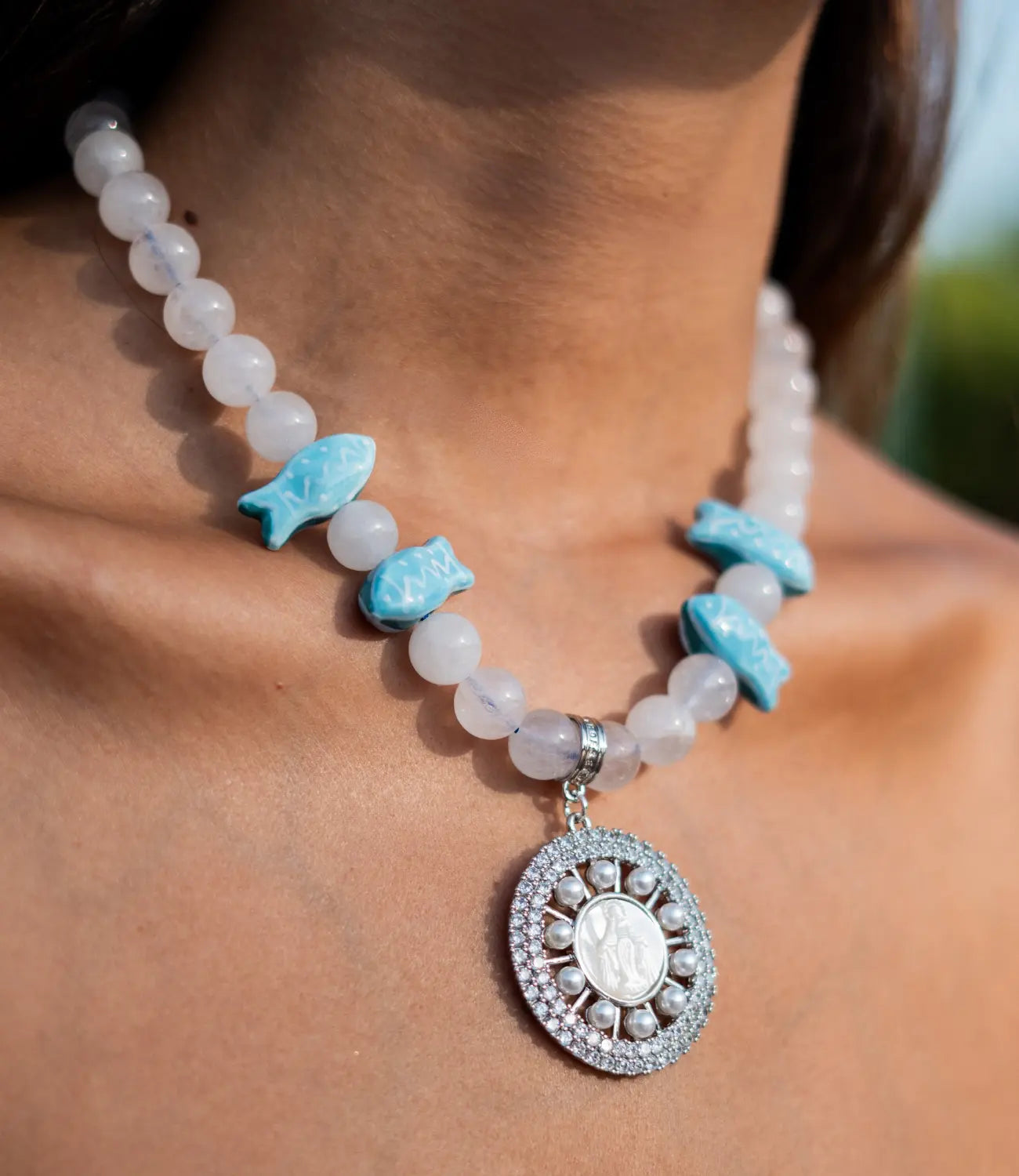 Devotional Necklace with Quartz, Fish, and Sacred Medal of the Virgin PHOEBE'S 