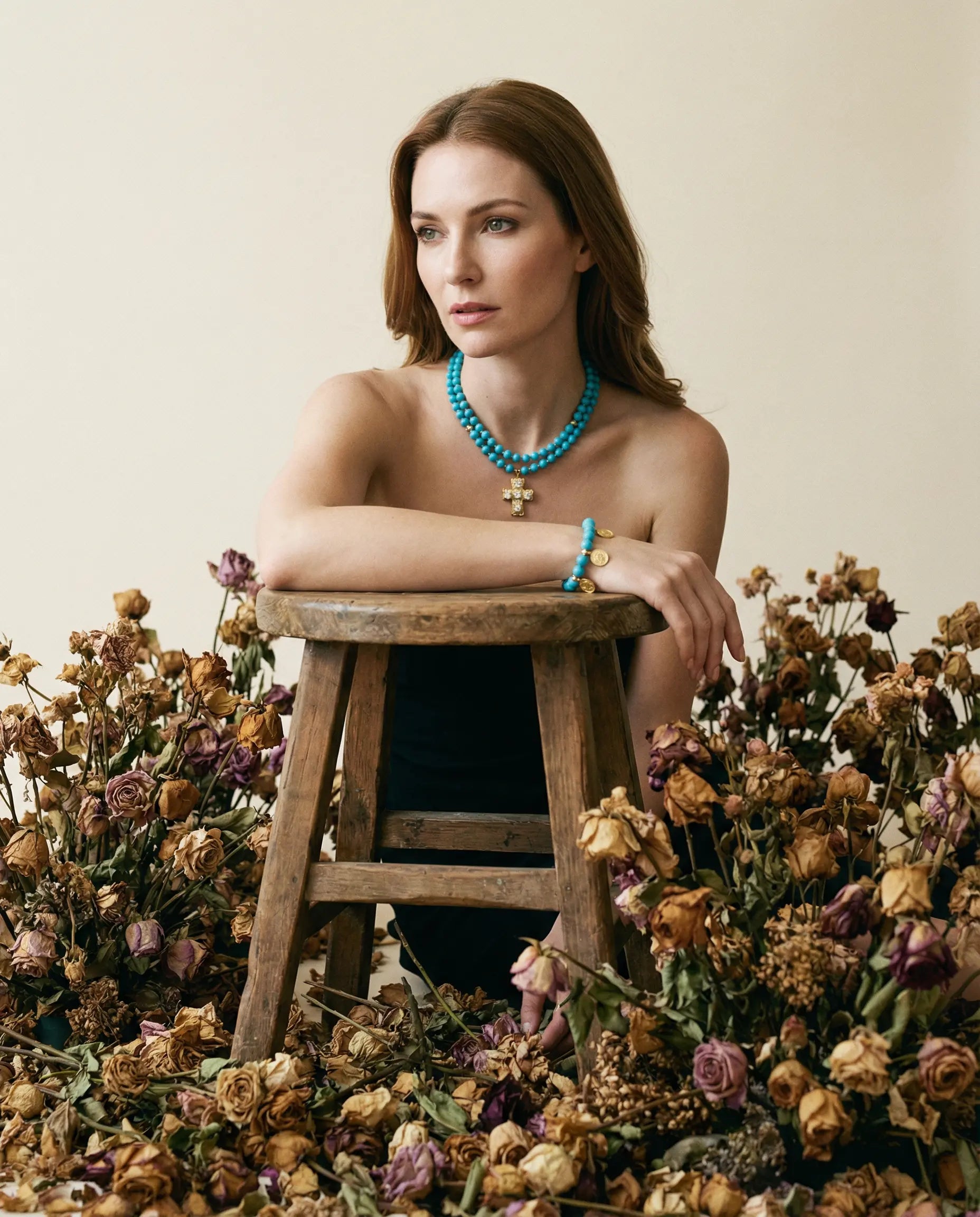 Double Turquoise Necklace with Central Cross · 18K Gold PHOEBE'S 