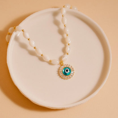 Evil Eye Necklace, Pearl Necklace, Gift for Her