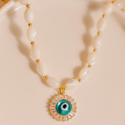 Evil Eye Necklace, Pearl Necklace, Gift for Her