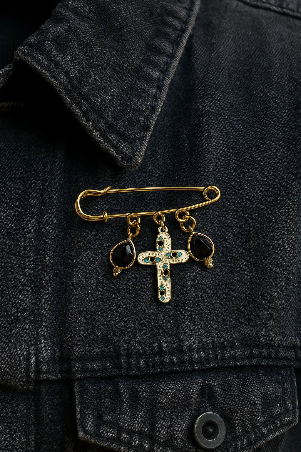 Eye Cross Brooch with Onyx Drops – Protection and Spiritual Clarity Phoebe`s  