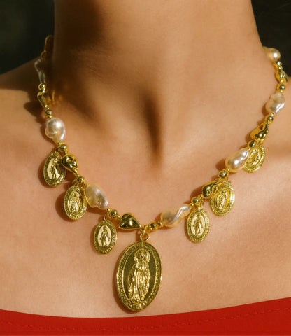 Freshwater Pearl Necklace with 18k Gold Religious Medals PHOEBE'S 