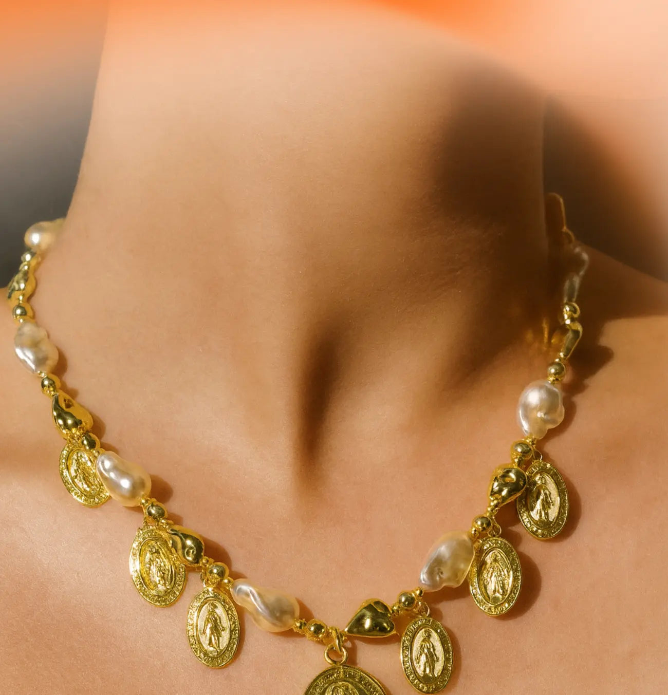 Freshwater Pearl Necklace with 18k Gold Religious Medals PHOEBE'S 