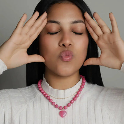 Fuchsia Bead Necklace with Natural Agate Heart PHOEBE'S 