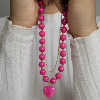 Fuchsia Bead Necklace with Natural Agate Heart PHOEBE'S 