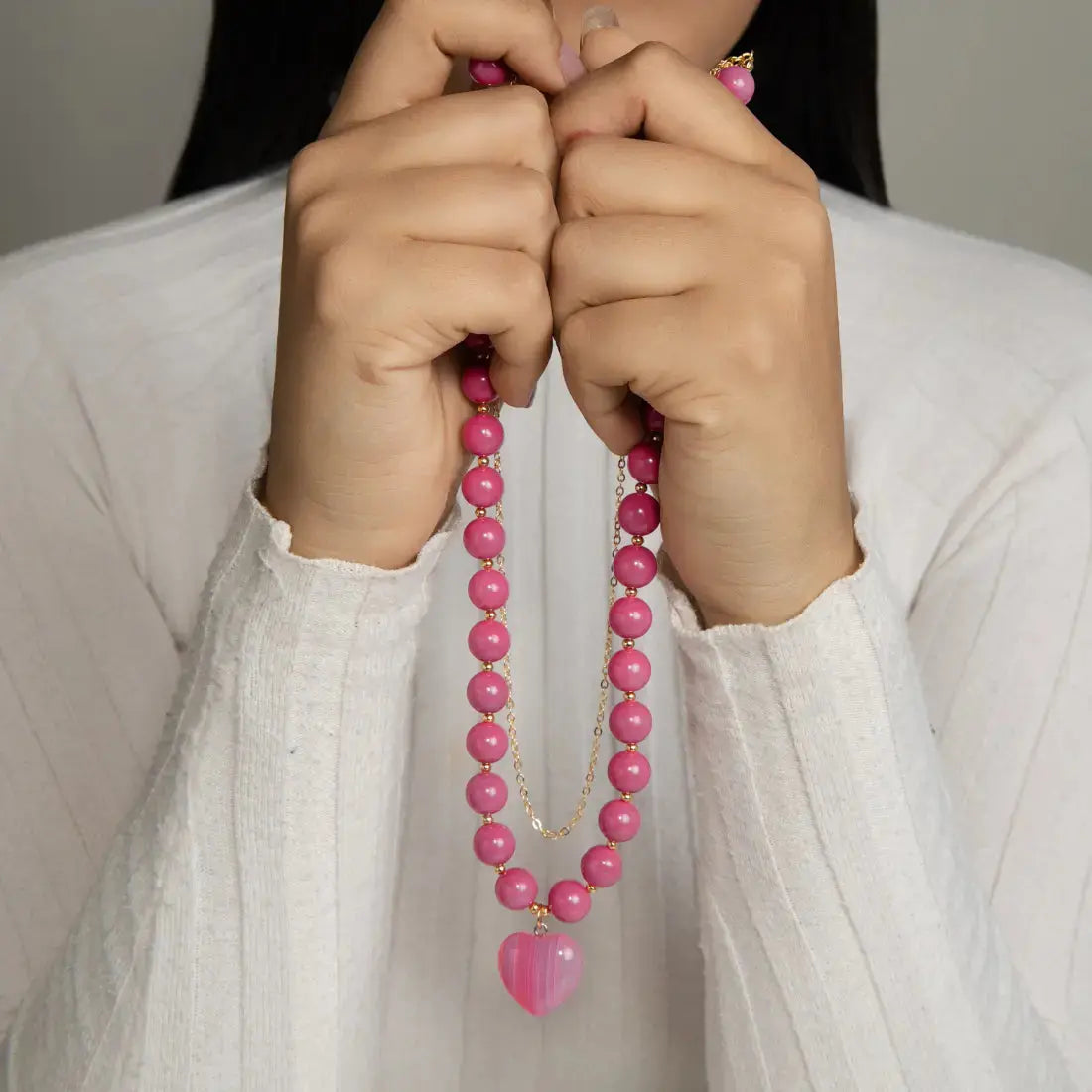 Fuchsia Bead Necklace with Natural Agate Heart PHOEBE'S 