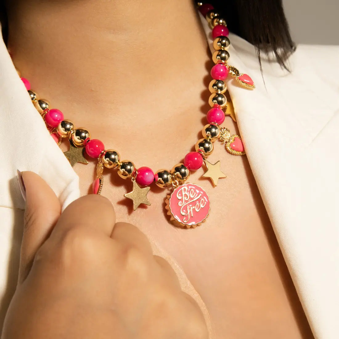 Fuchsia and Gold Necklace with Hearts and Stars Charm PHOEBE'S 