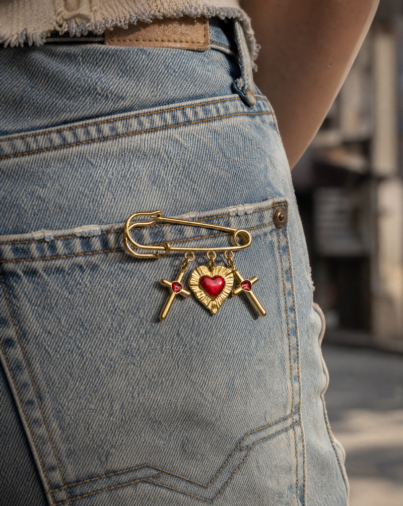Cross Heart Sunburst Pin Brooch | Red Enamel Charm Handmade