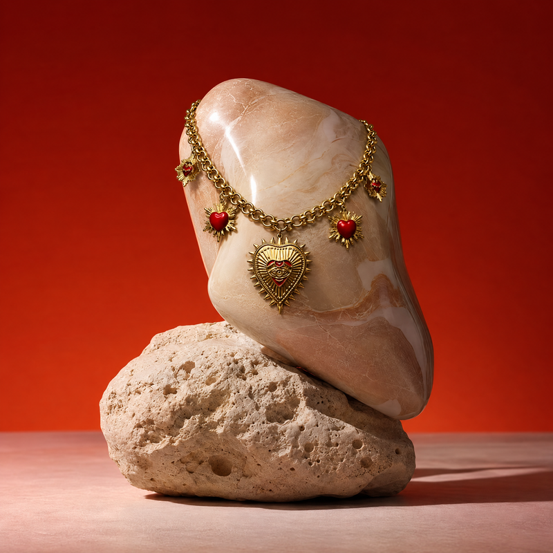 Sacred Heart Necklace in Gold with Red Enamel