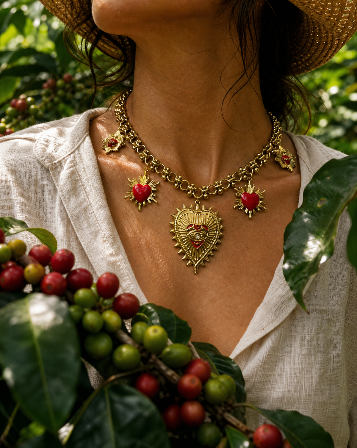Sacred Heart Necklace in Gold with Red Enamel