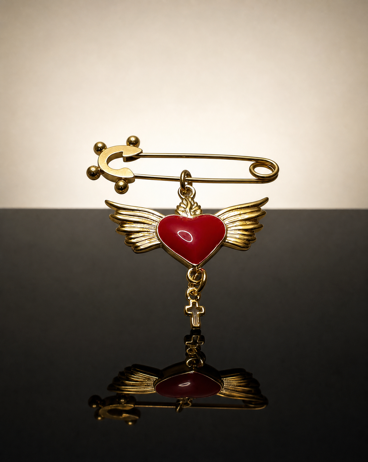 Winged Heart Pin with Hanging Cross | Red Devotional Brooch