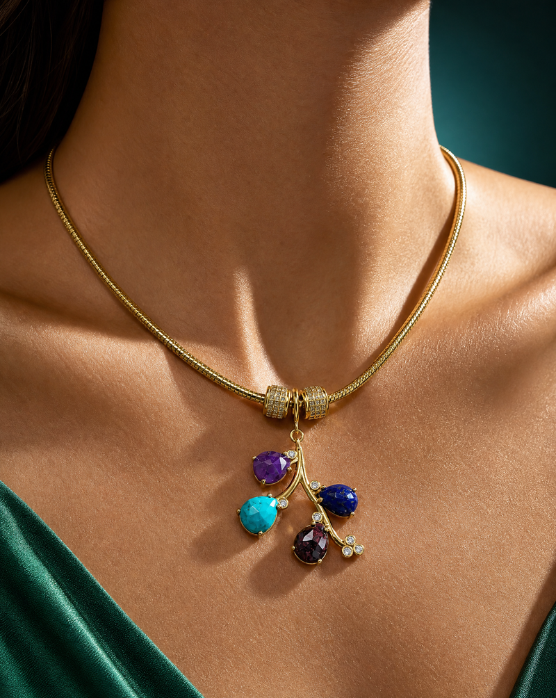 Gold Branch & Gemstone Necklace | Amethyst, Turquoise, and Lapis Lazuli Luxury